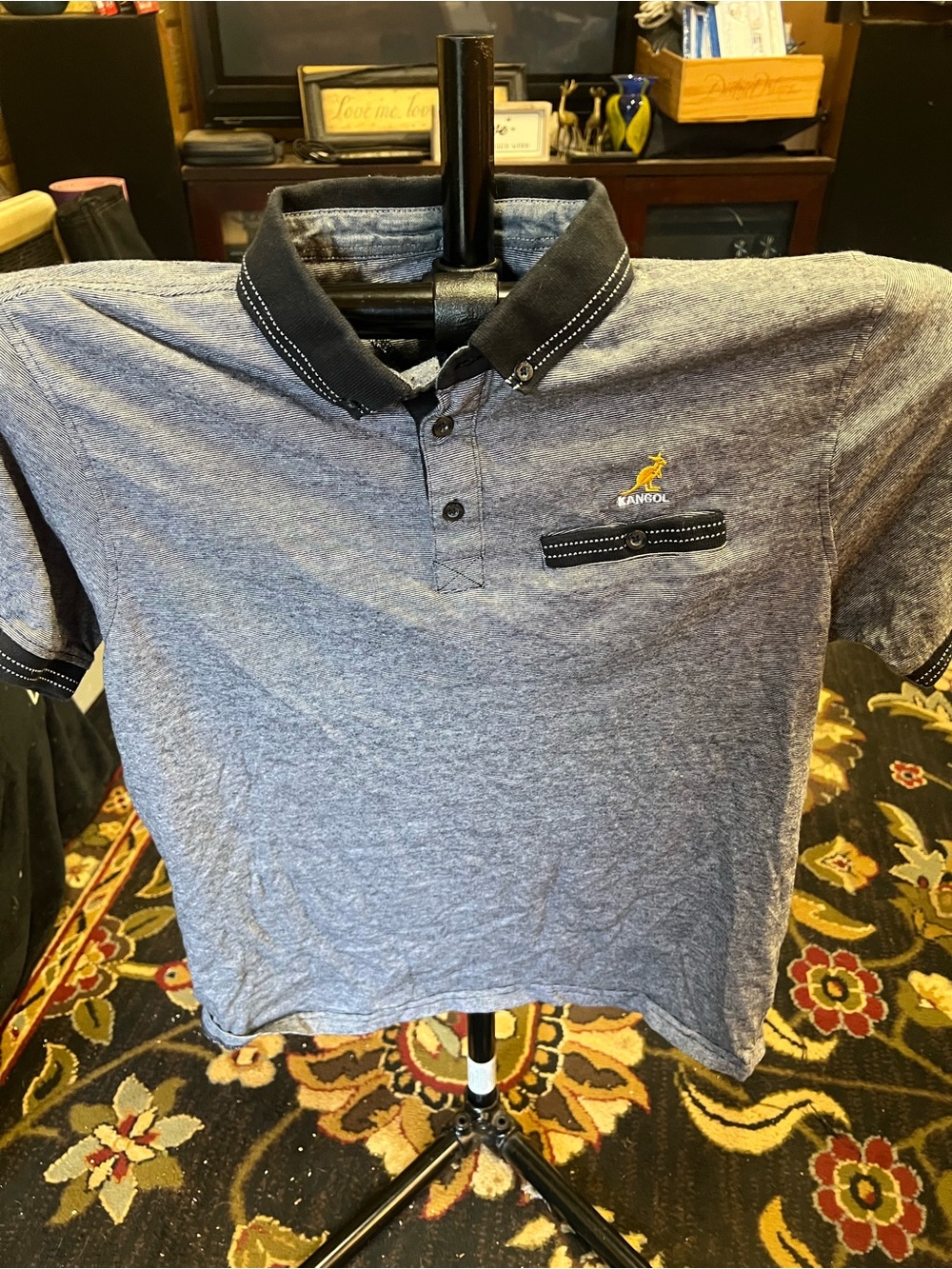 Kangol Men's Blue Heather Polo with Black Collar and Contrast Stitching